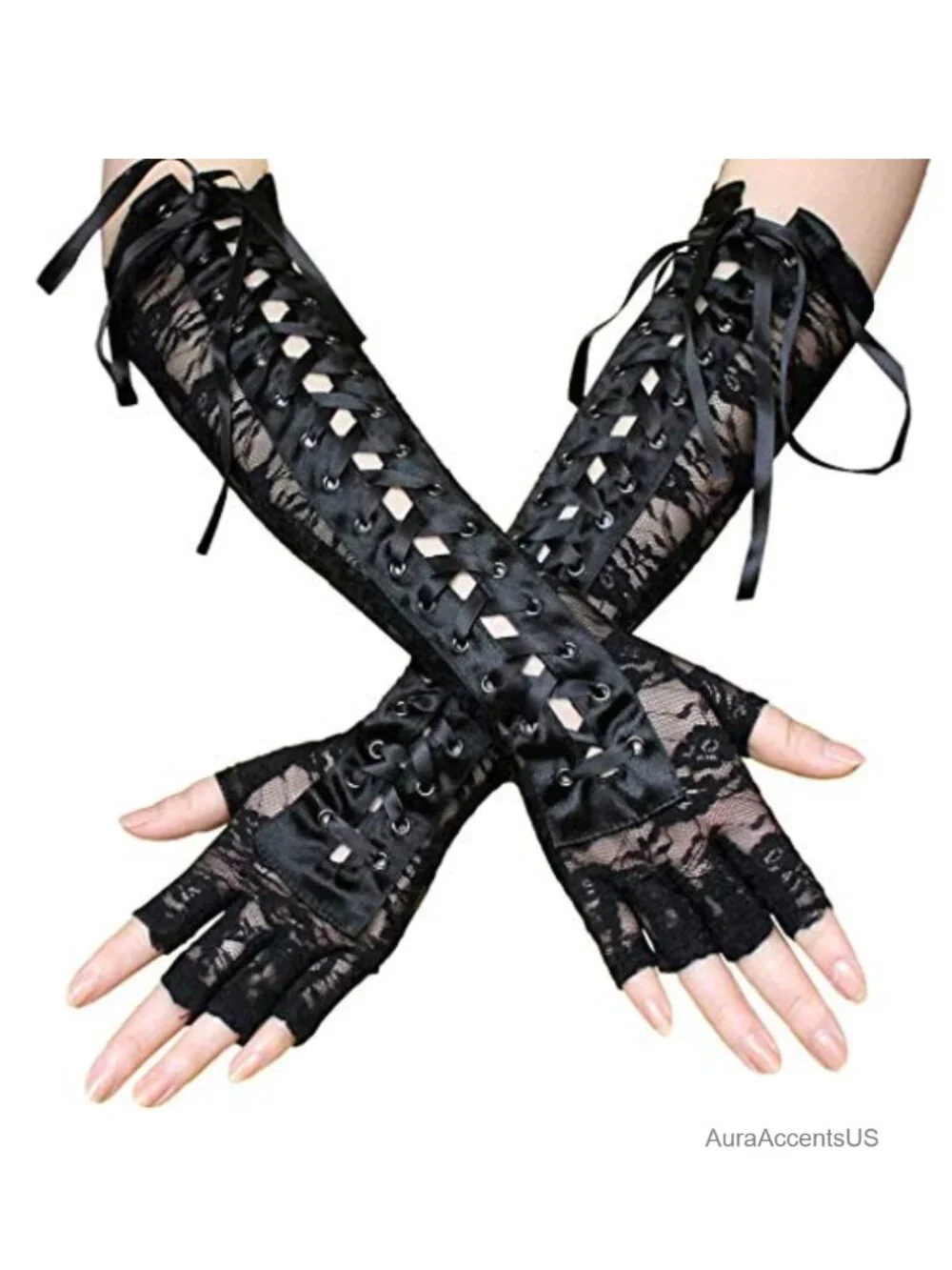 Elbow Length Fingerless Lace Up Arm Warmer Lace Gloves